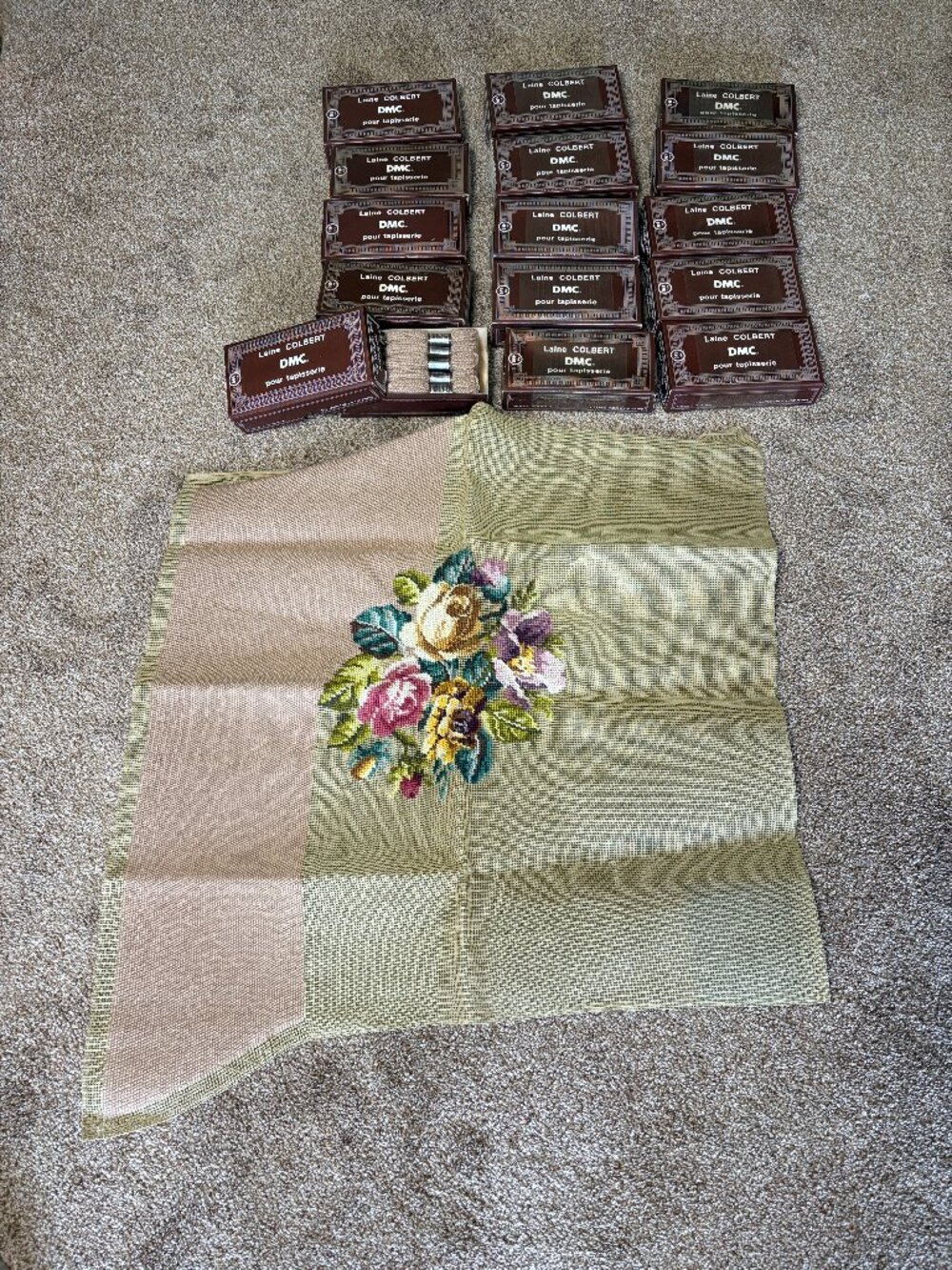 Lot of 15 DMC Laine Colbert France Skeins & Unfinished Needlepoint